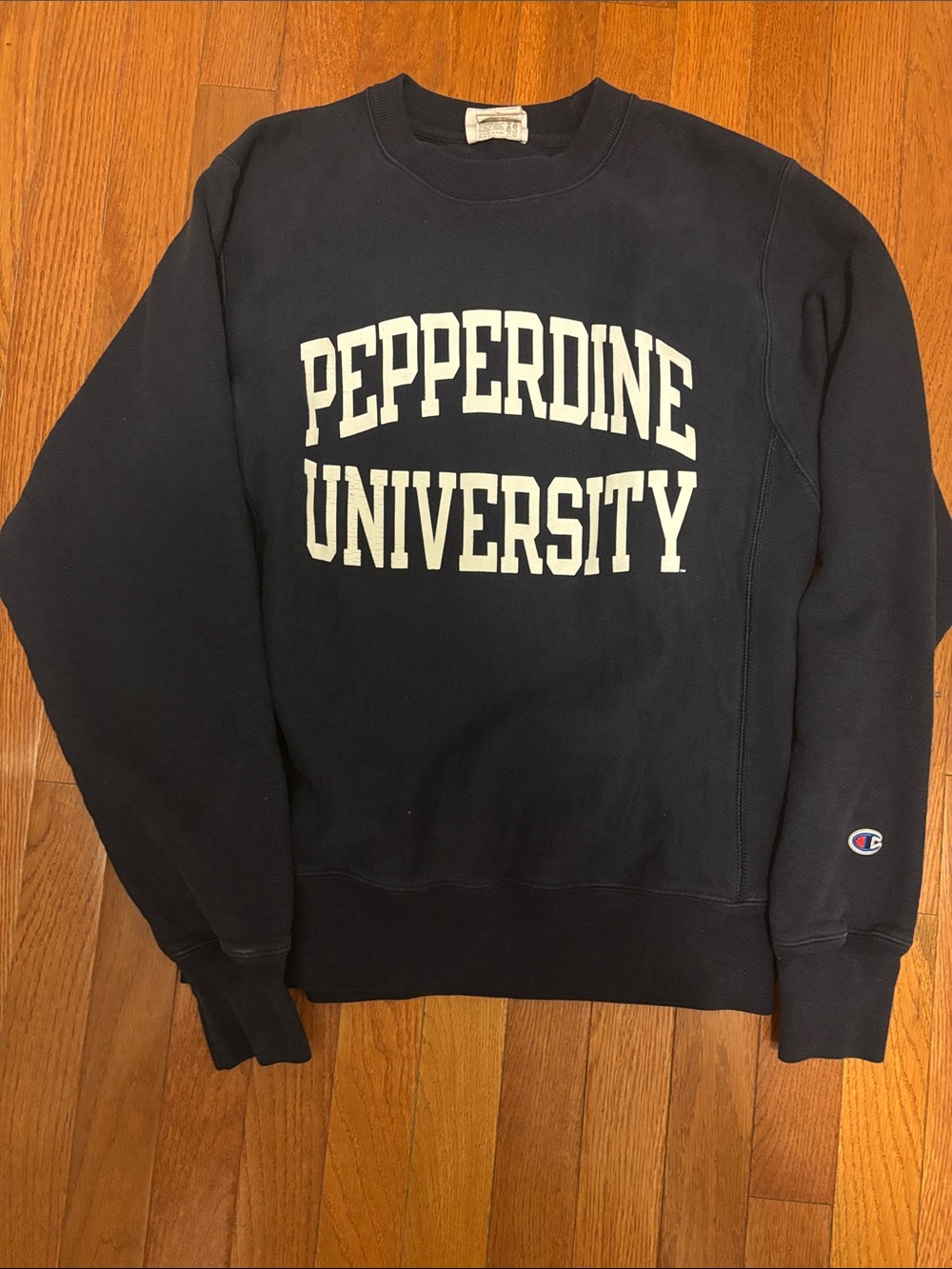 Champion Navy Crewneck Sweatshirt with White Pepperdine University Print
